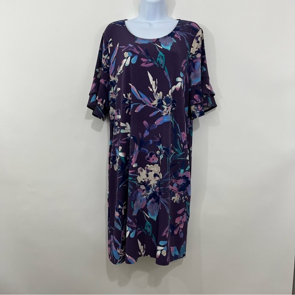 Chico’s Purple Floral Layered Flare Sleevee Shift Dress - Picture 1 of 15
